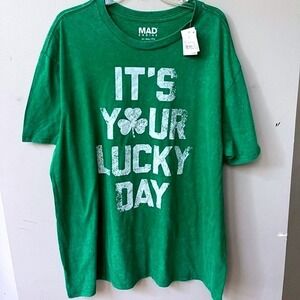 Mad Engine Short Sleeve Lucky Day Graphic T Shirt Men XXL Green Cotton Blend NWT